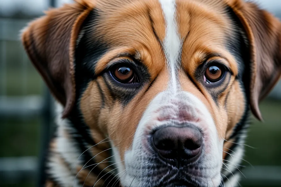 Nahaufnahme eines Hundes mit angespannten Gesichtszügen und sichtbarem Weiß im Auge.