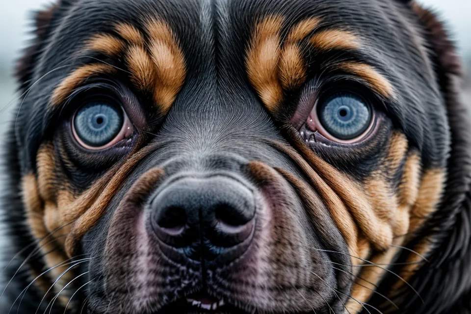 Nahaufnahme eines Hundegesichts mit subtilen Anzeichen von Stress und Meideverhalten.