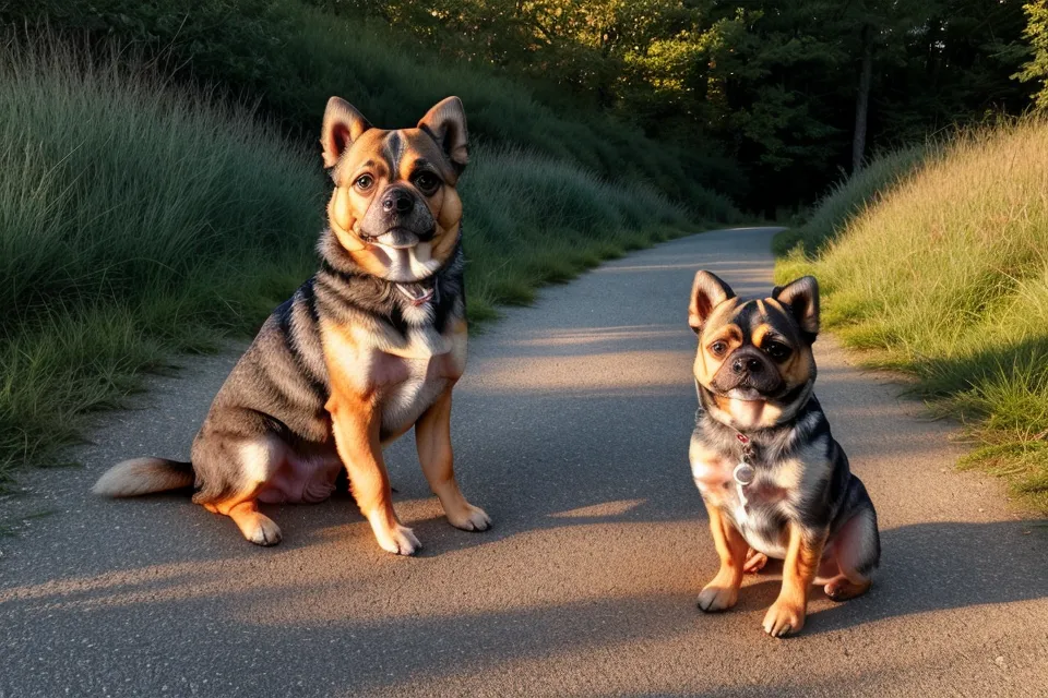 Ein Hund hält respektvoll einen angemessenen Abstand zu seinem Halter auf einem Weg.