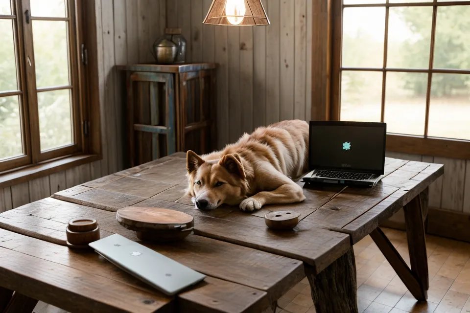 Laptop und Notizen auf dem Küchentisch beim Online-Hundetraining-Vergleich, im Hintergrund ein ruhig schlafender Hund