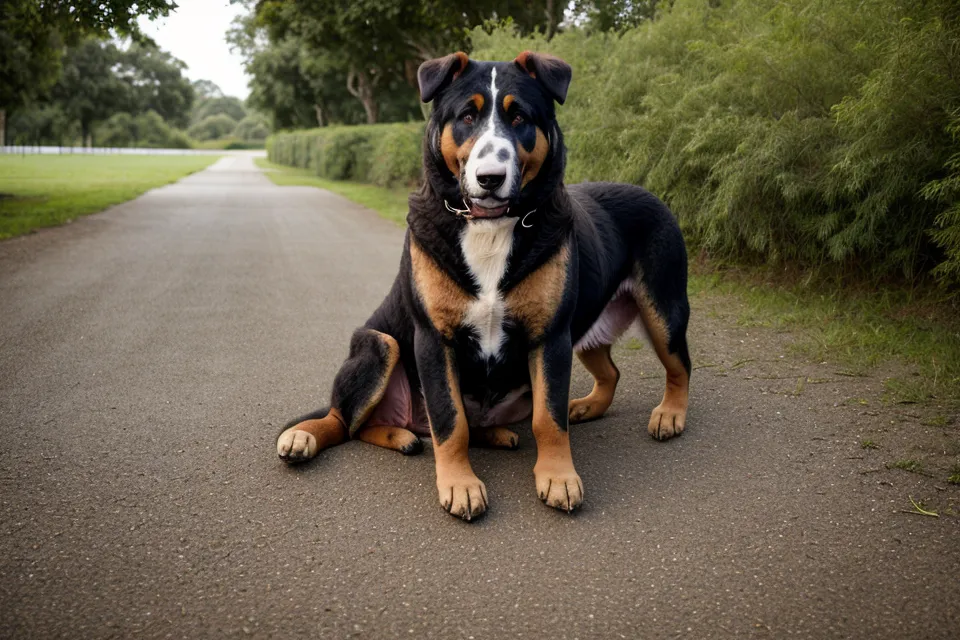 Ein großer Hund zeigt subtile Anzeichen von Anspannung auf einem Weg.