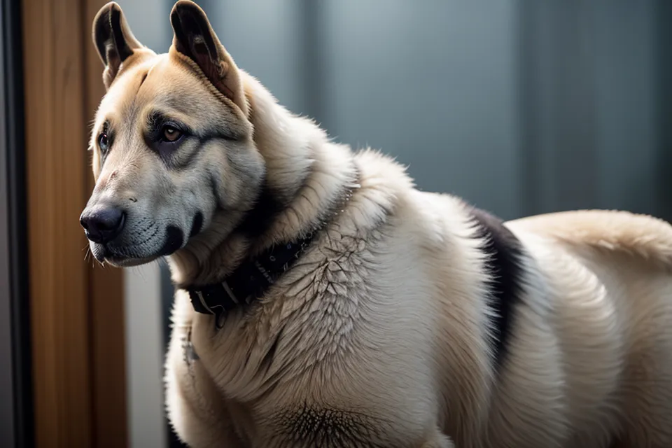 Nahaufnahme eines Herdenschutzhundes, der durch ein Fenster mit Sichtschutzfolie schaut.