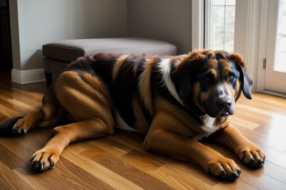 Ein großer Hund liegt entspannt mit dem Kopf auf den Füßen seines Besitzers im Wohnzimmer.