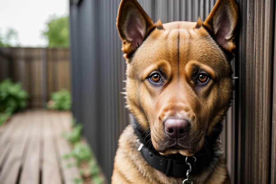 Nahaufnahme eines aufmerksamen Hundes, der durch einen Gartenzaun blickt.