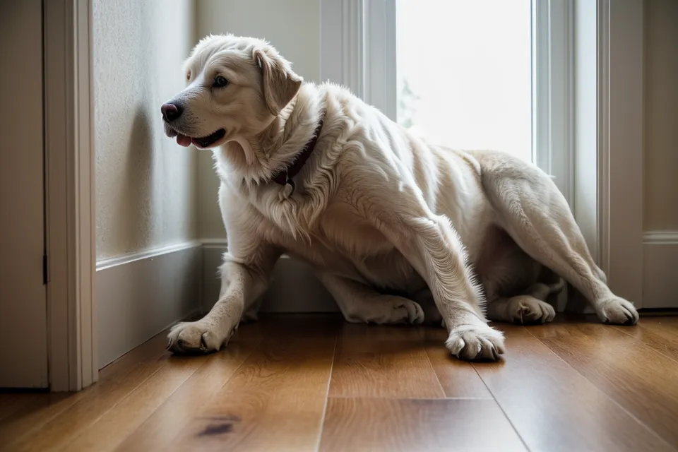 Handzeichen weist einem großen Hund seinen Platz im Körbchen zu