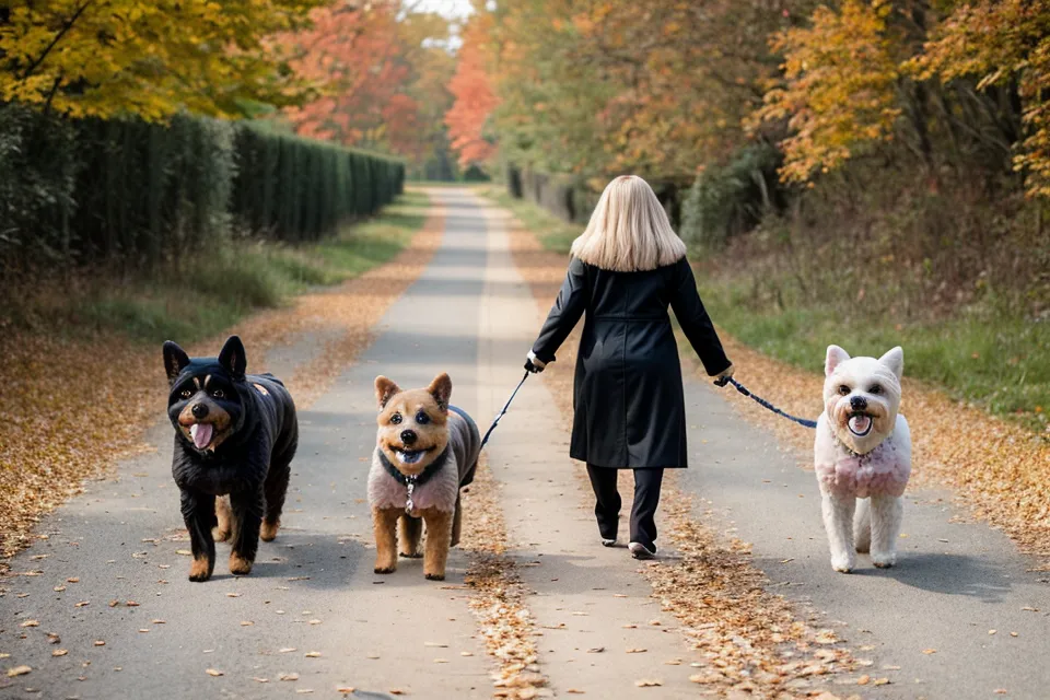 Zwei Hunde gehen entspannt nebeneinander in einer Gruppe