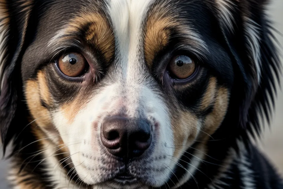 Nahaufnahme eines Hundegesichts mit subtilen Anzeichen von Stress und Unsicherheit.