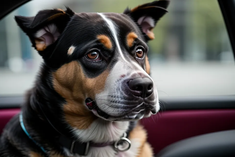 Nahaufnahme eines Hundes im Auto mit subtilen Stresssignalen im Gesicht