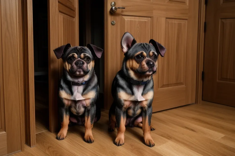 Zwei Hunde begegnen sich höflich in einem Türrahmen im Haus.