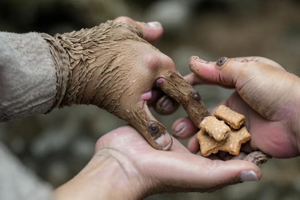 Nahaufnahme einer Hand, die einem Hund ein Leckerli gibt.