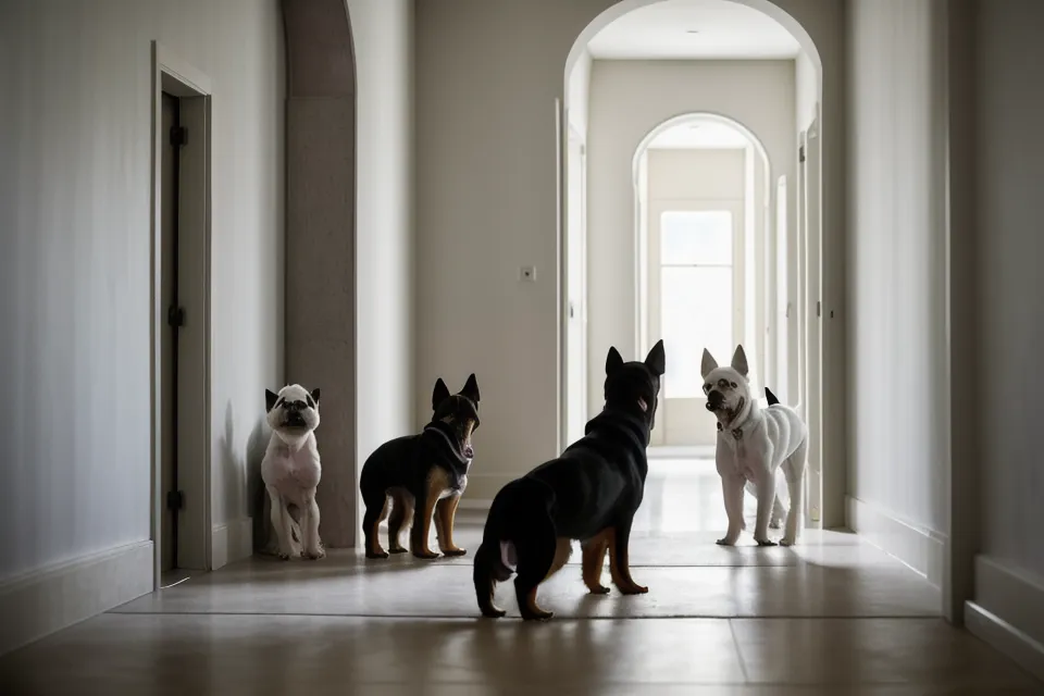 Ein Hund blockiert subtil den Durchgang für einen anderen Hund in einem Flur.