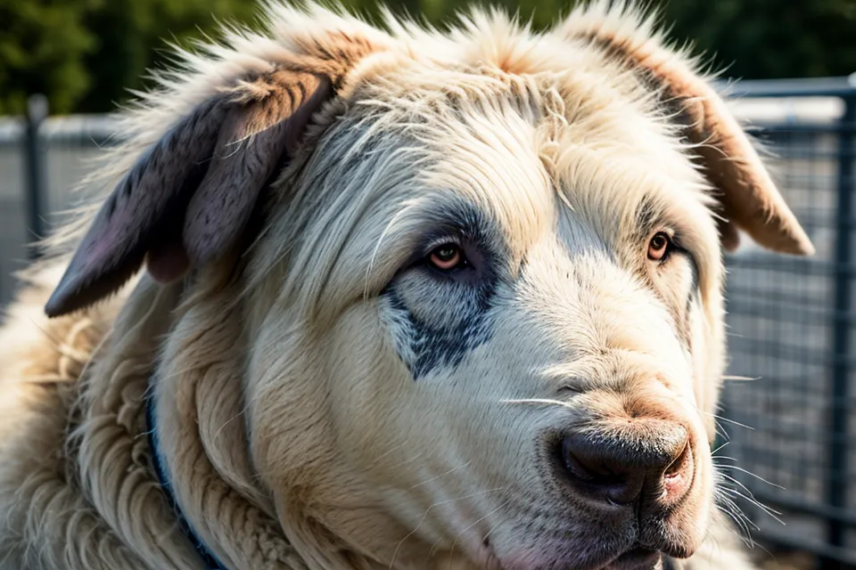 Nahaufnahme eines ruhigen Herdenschutzhundes im Profil
