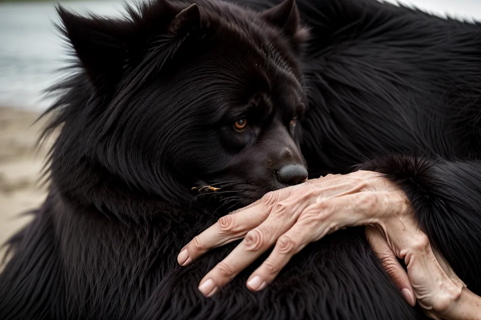 Eine Hand ruht beruhigend auf dem Rücken eines großen dunklen Hundes