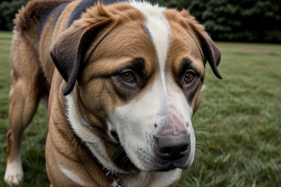Nahaufnahme eines Hundes mit angespannter Körperhaltung als Zeichen von Schutzverhalten