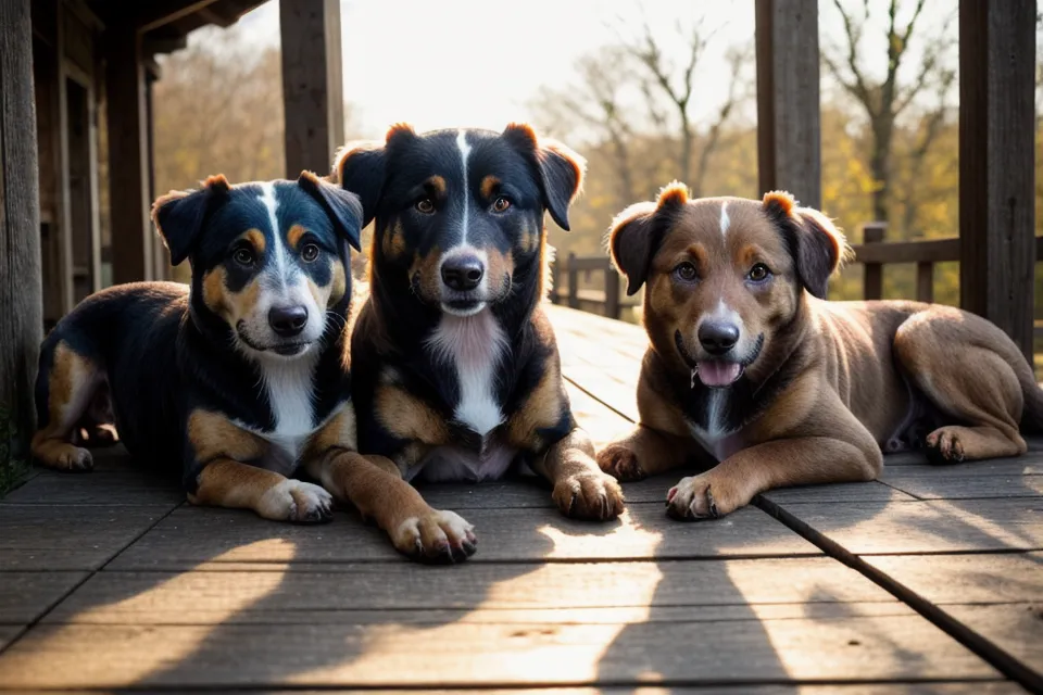 Zwei entspannte Hunde liegen friedlich zusammen auf einer Terrasse nach dem Training