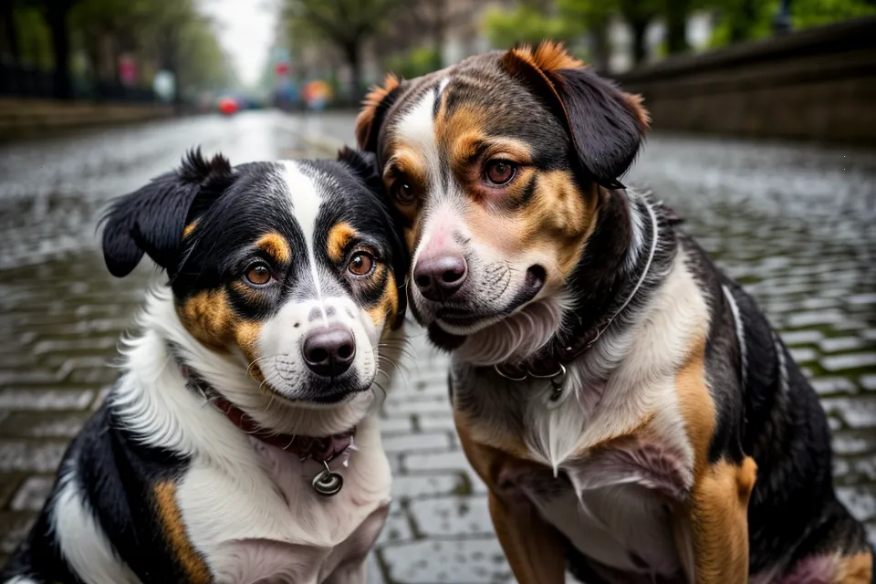 Nahaufnahme einer Hand auf dem nassen Fell eines großen Hundes zur Beruhigung.