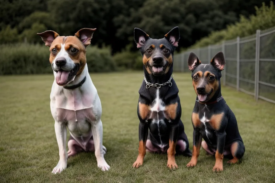Zwei Hunde im Garten zeigen subtile Anzeichen von sozialer Spannung in ihrer Körperhaltung.