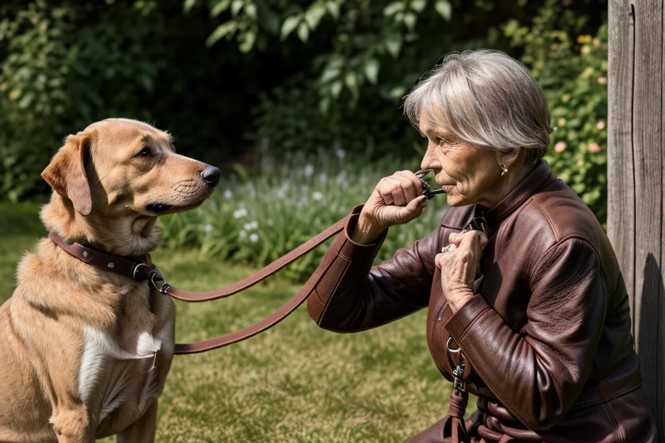 Ruhige Führung eines Hundes an der Leine vor einem Gartentor